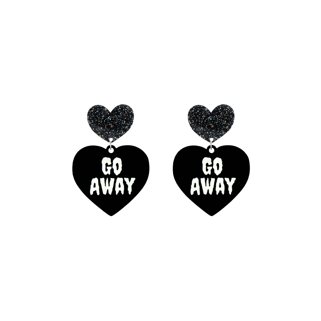 haus of dizzy black heart-shaped earrings with 'GO AWAY' text in white and black glittery hearts tops size small