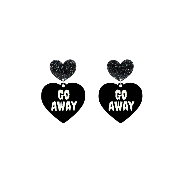 haus of dizzy black heart-shaped earrings with 'GO AWAY' text in white and black glittery hearts tops size small