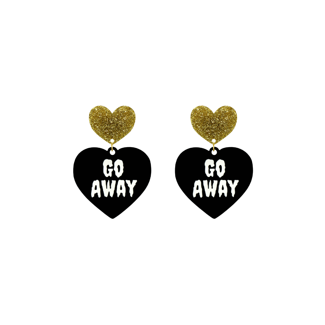 haus of dizzy black heart-shaped earrings with 'GO AWAY' text in white and gold glittery hearts tops size small