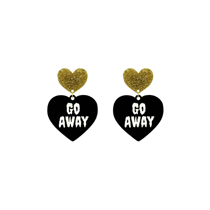 haus of dizzy black heart-shaped earrings with 'GO AWAY' text in white and gold glittery hearts tops size small