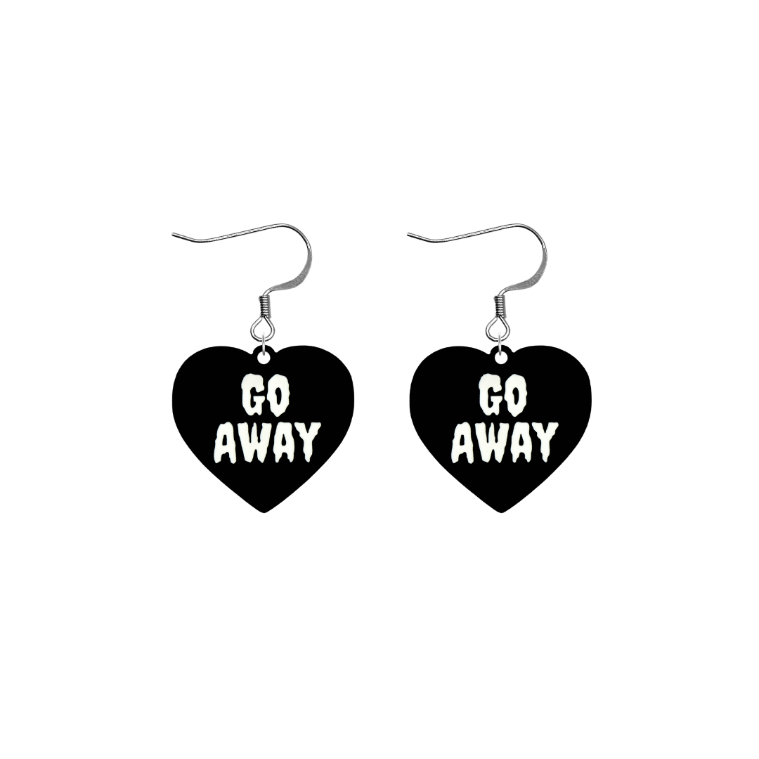 haus of dizzy black heart-shaped earrings with 'GO AWAY' text in white with silver hooks no heart tops size small