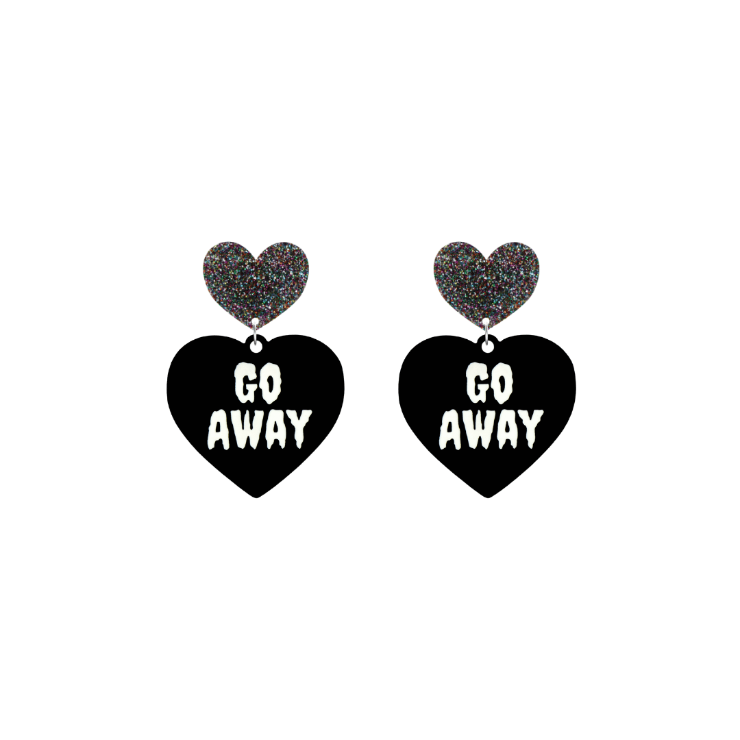 haus of dizzy black heart-shaped earrings with 'GO AWAY' text in white and multi coloured glittery hearts tops size small