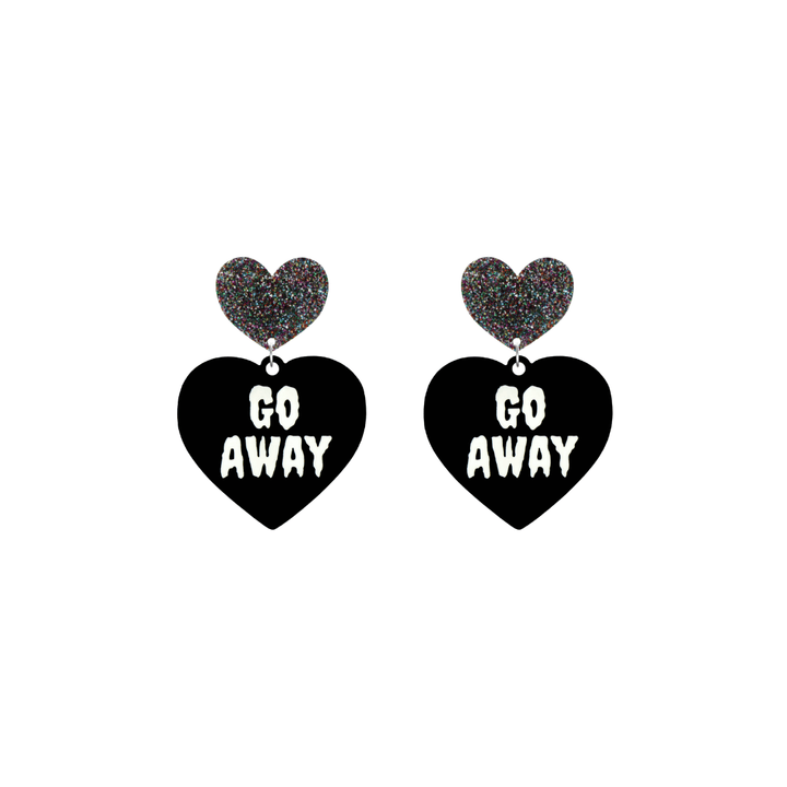 haus of dizzy black heart-shaped earrings with 'GO AWAY' text in white and multi coloured glittery hearts tops size small