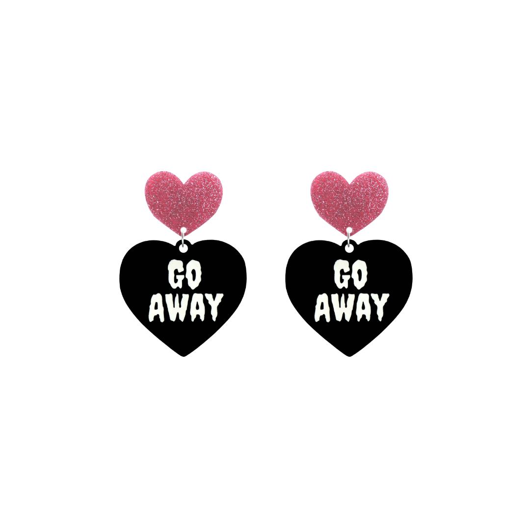 haus of dizzy black heart-shaped earrings with 'GO AWAY' text in white and pink glittery hearts tops size small