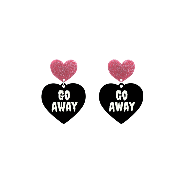 haus of dizzy black heart-shaped earrings with 'GO AWAY' text in white and pink glittery hearts tops size small