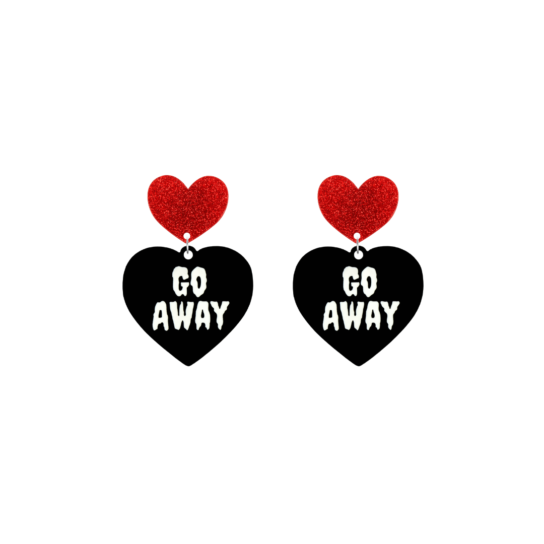 haus of dizzy black heart-shaped earrings with 'GO AWAY' text in white and red glittery hearts tops size small