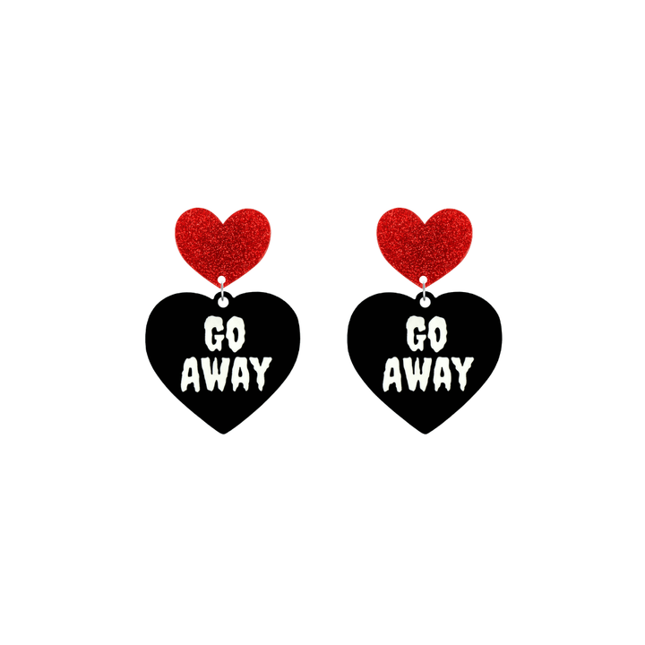 haus of dizzy black heart-shaped earrings with 'GO AWAY' text in white and red glittery hearts tops size small