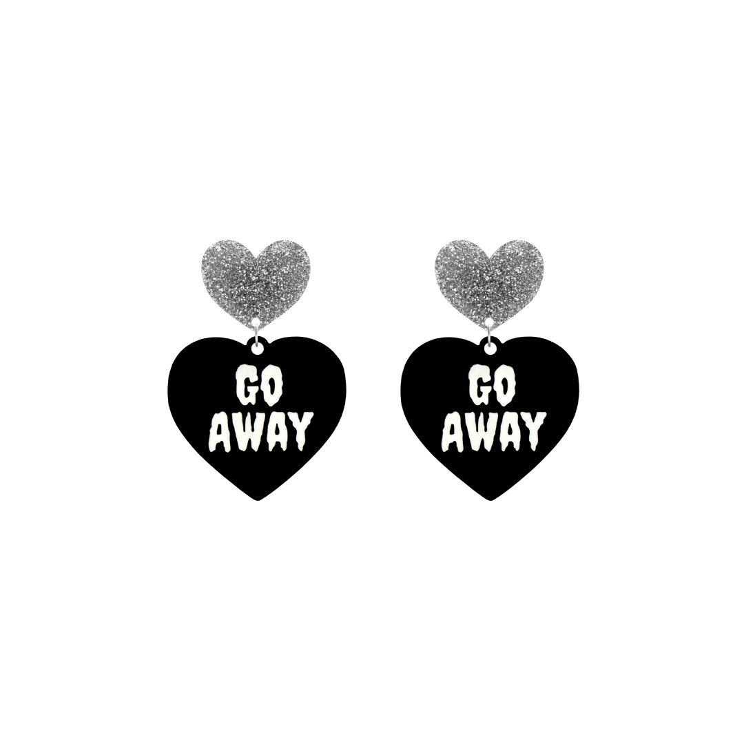 haus of dizzy black heart-shaped earrings with 'GO AWAY' text in white and silver glittery hearts tops size small
