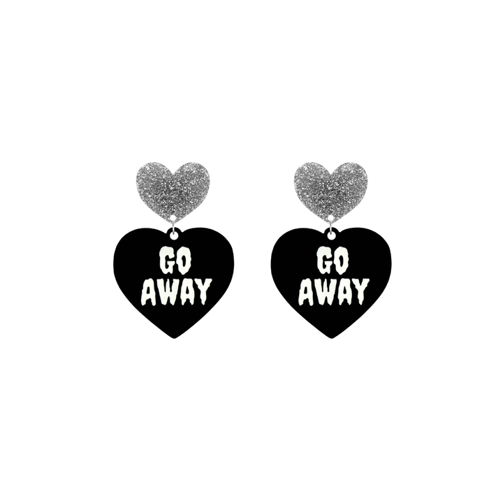 haus of dizzy black heart-shaped earrings with 'GO AWAY' text in white and silver glittery hearts tops size small
