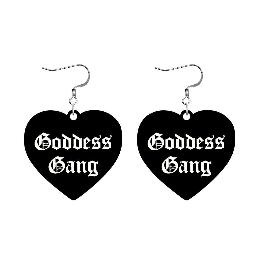 haus of dizzy black Heart-shaped earrings with 'Goddess Gang' text in white old english font with silver hooks no heart tops size large