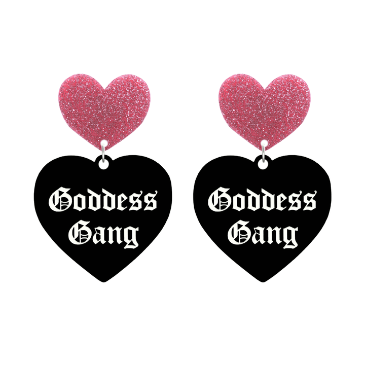 haus of dizzy black Heart-shaped earrings with 'Goddess Gang' text in white old english font with pink glittery hearts tops size large