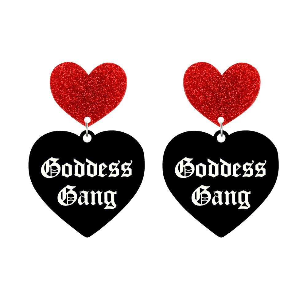 haus of dizzy black Heart-shaped earrings with 'Goddess Gang' text in white old english font with red glittery hearts tops size large