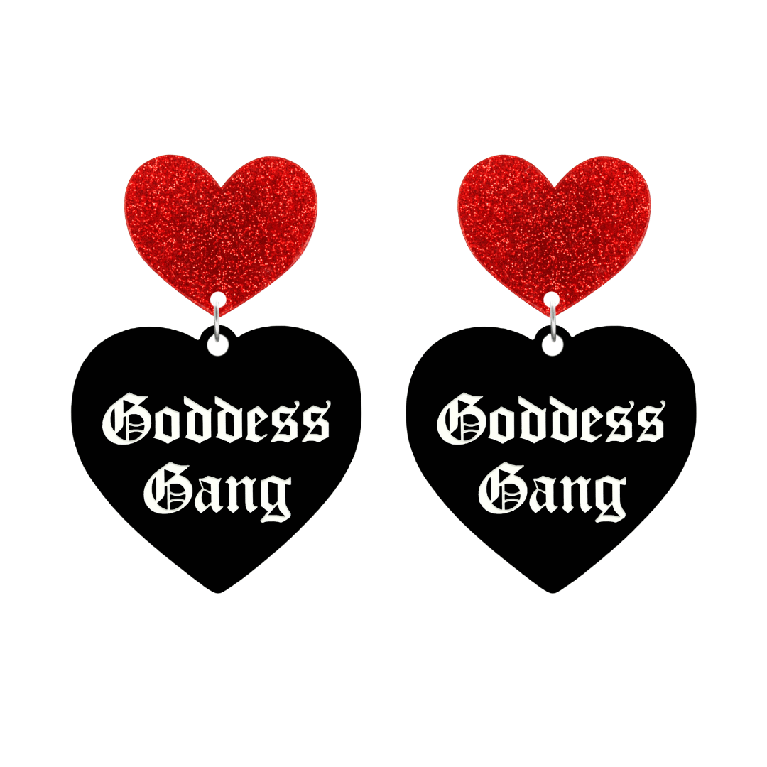 haus of dizzy black Heart-shaped earrings with 'Goddess Gang' text in white old english font with red glittery hearts tops size large