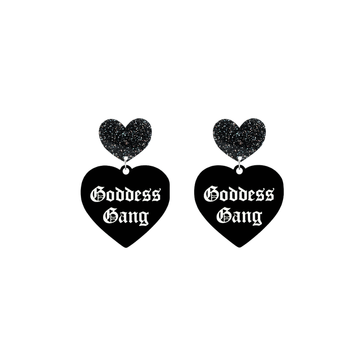 haus of dizzy black Heart-shaped earrings with 'Goddess Gang' text in white old english font with black glittery hearts tops size small