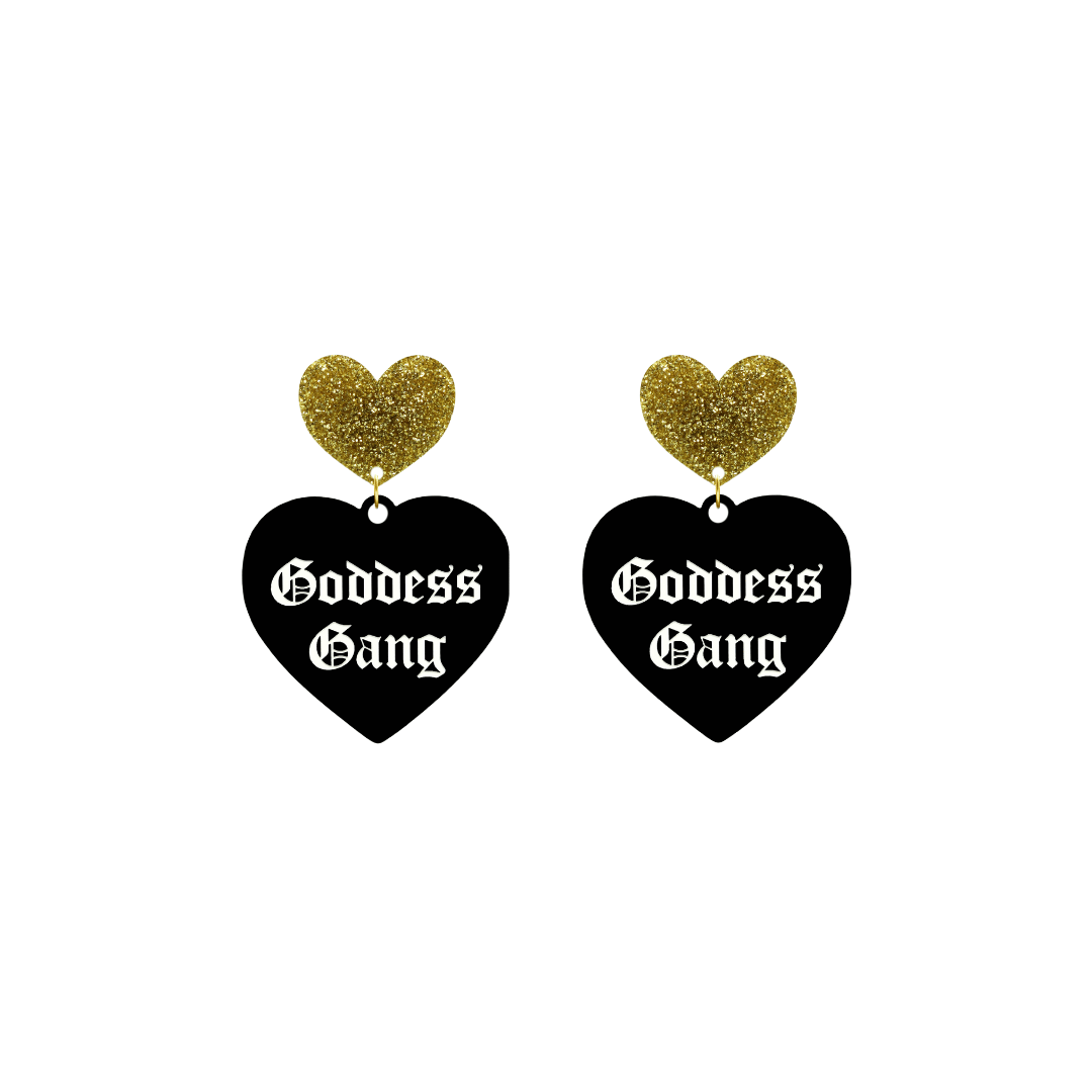 haus of dizzy black Heart-shaped earrings with 'Goddess Gang' text in white old english font with gold glittery hearts tops size small