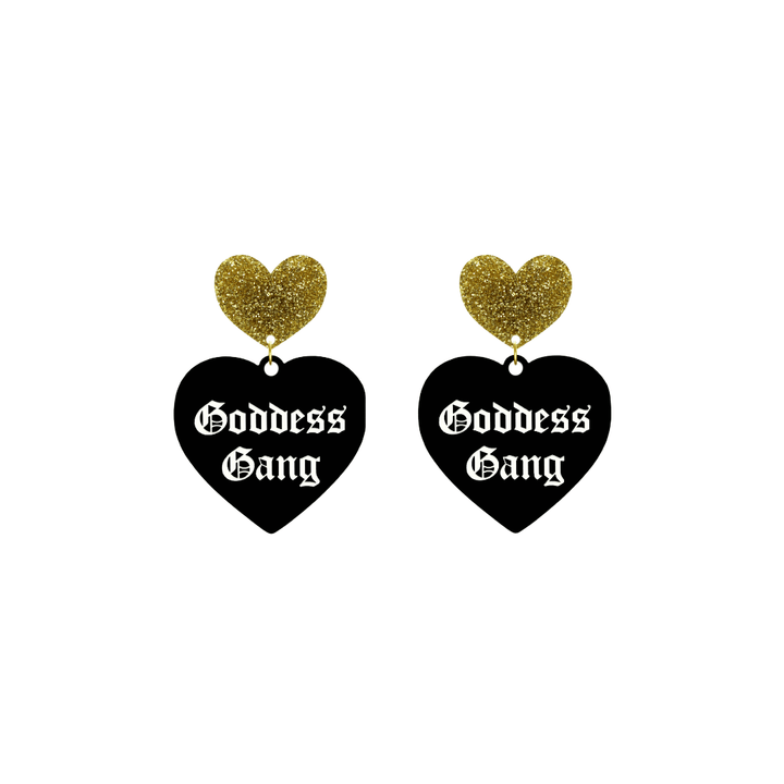 haus of dizzy black Heart-shaped earrings with 'Goddess Gang' text in white old english font with gold glittery hearts tops size small