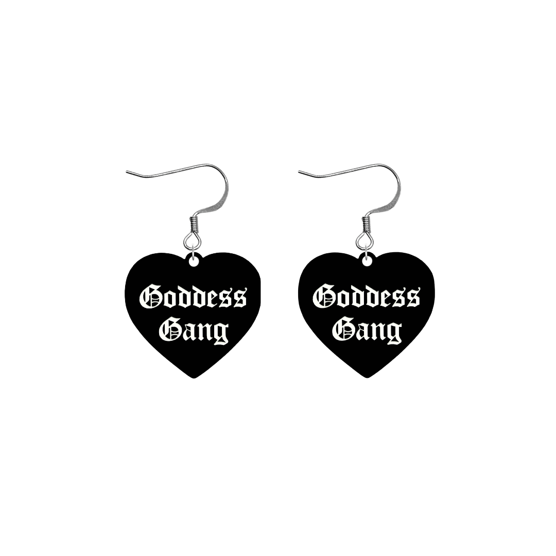 haus of dizzy black Heart-shaped earrings with 'Goddess Gang' text in white old english font with silver hooks no heart tops size small
