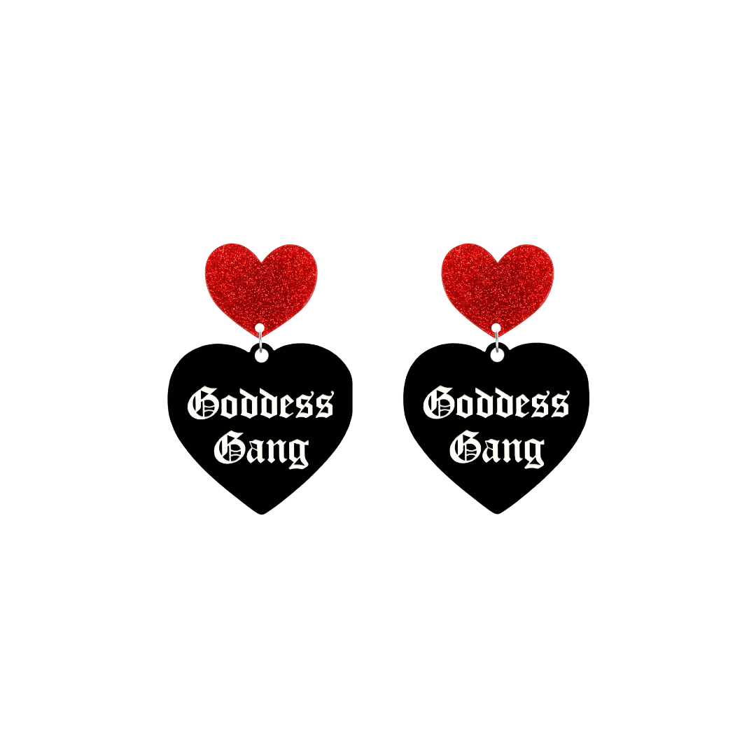 haus of dizzy black Heart-shaped earrings with 'Goddess Gang' text in white old english font with red glittery hearts tops size small