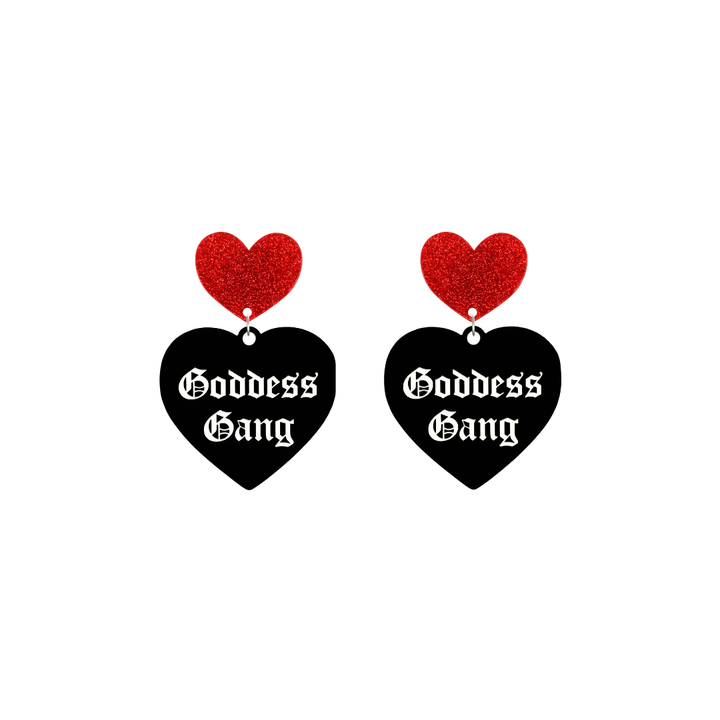 haus of dizzy black Heart-shaped earrings with 'Goddess Gang' text in white old english font with red glittery hearts tops size small