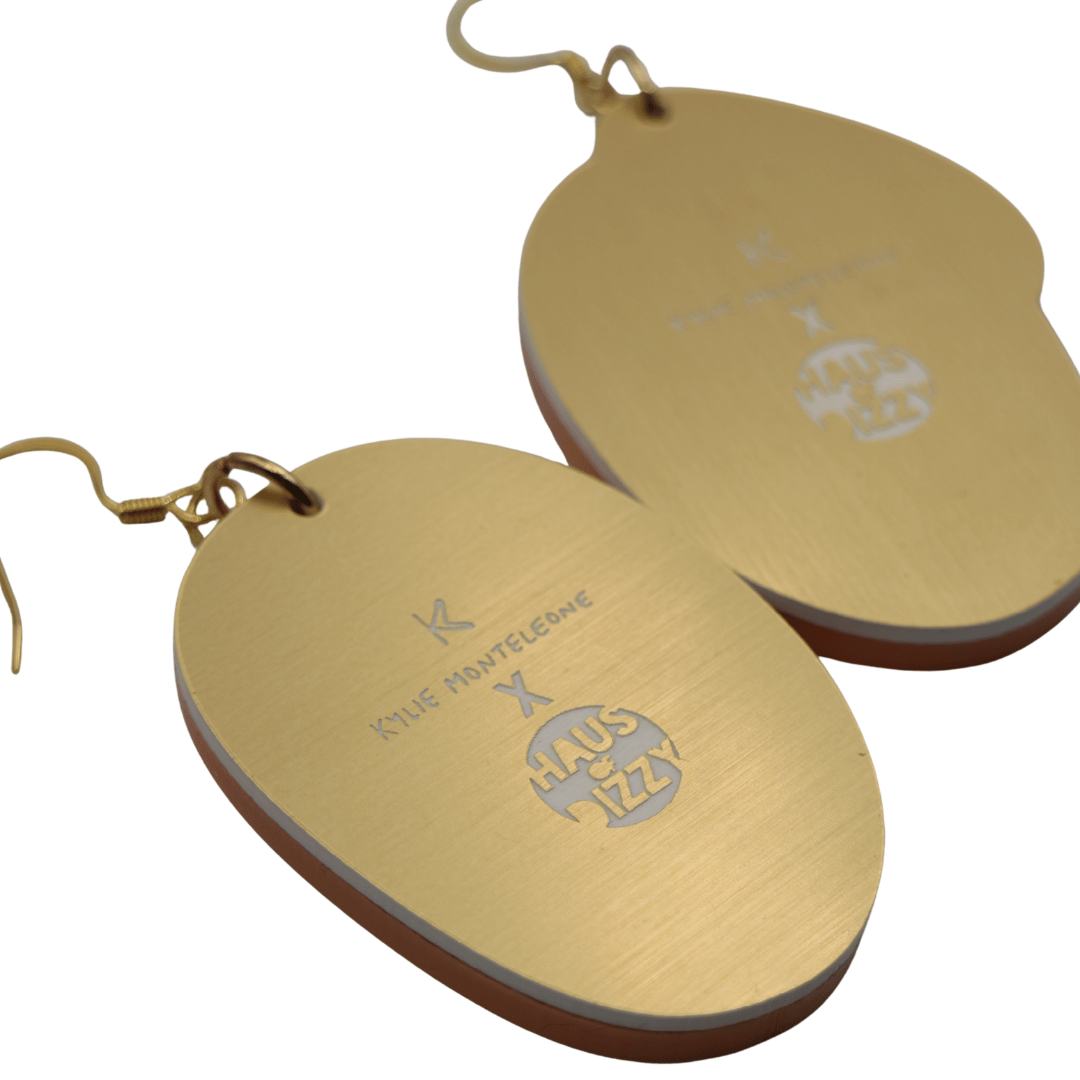 haus of dizzy x kylie monteleone collaboration ant nest earrings back view featuring custom etched design of artists' logos