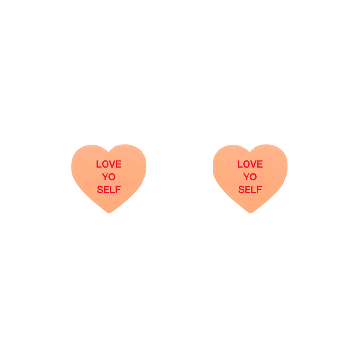 haus of dizzy pastel peach candy heart studs with 'LOVE YO SELF' hand painted red text in centre