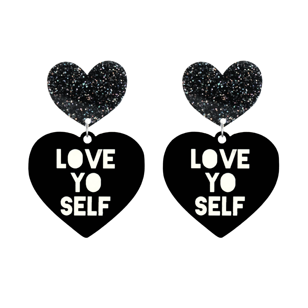 haus of dizzy black Heart-shaped earrings with 'LOVE YO SELF' text in white and black glittery hearts tops size large