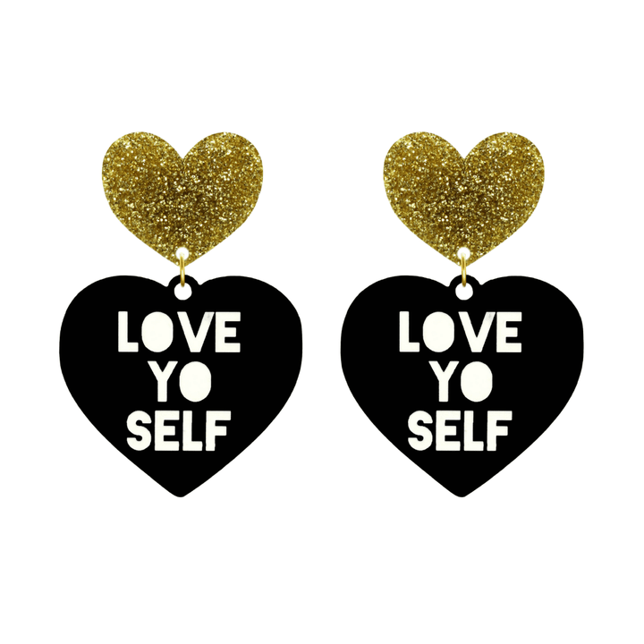 haus of dizzy black Heart-shaped earrings with 'LOVE YO SELF' text in white and gold glittery hearts tops size large