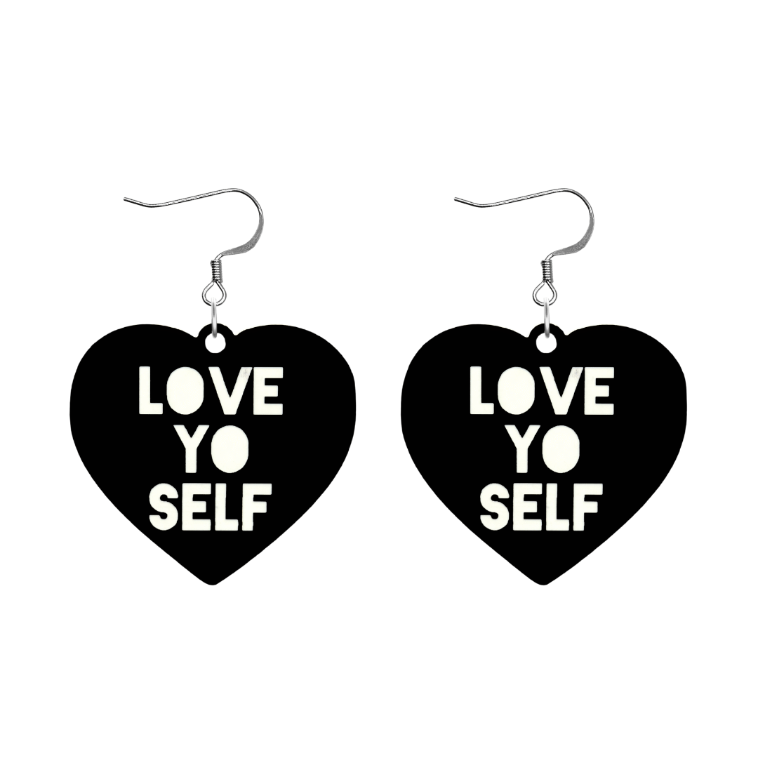 haus of dizzy black Heart-shaped earrings with 'LOVE YO SELF' text in white with silver hooks no heart tops size large