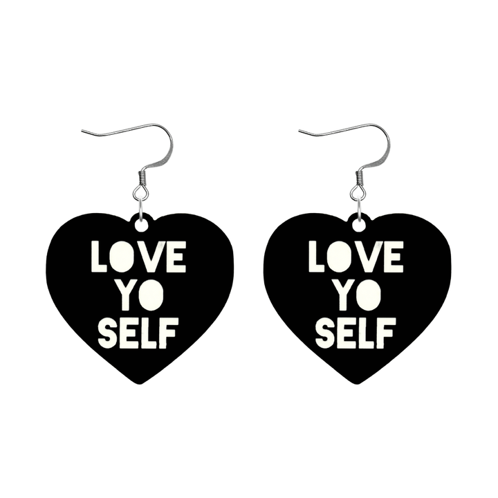 haus of dizzy black Heart-shaped earrings with 'LOVE YO SELF' text in white with silver hooks no heart tops size large