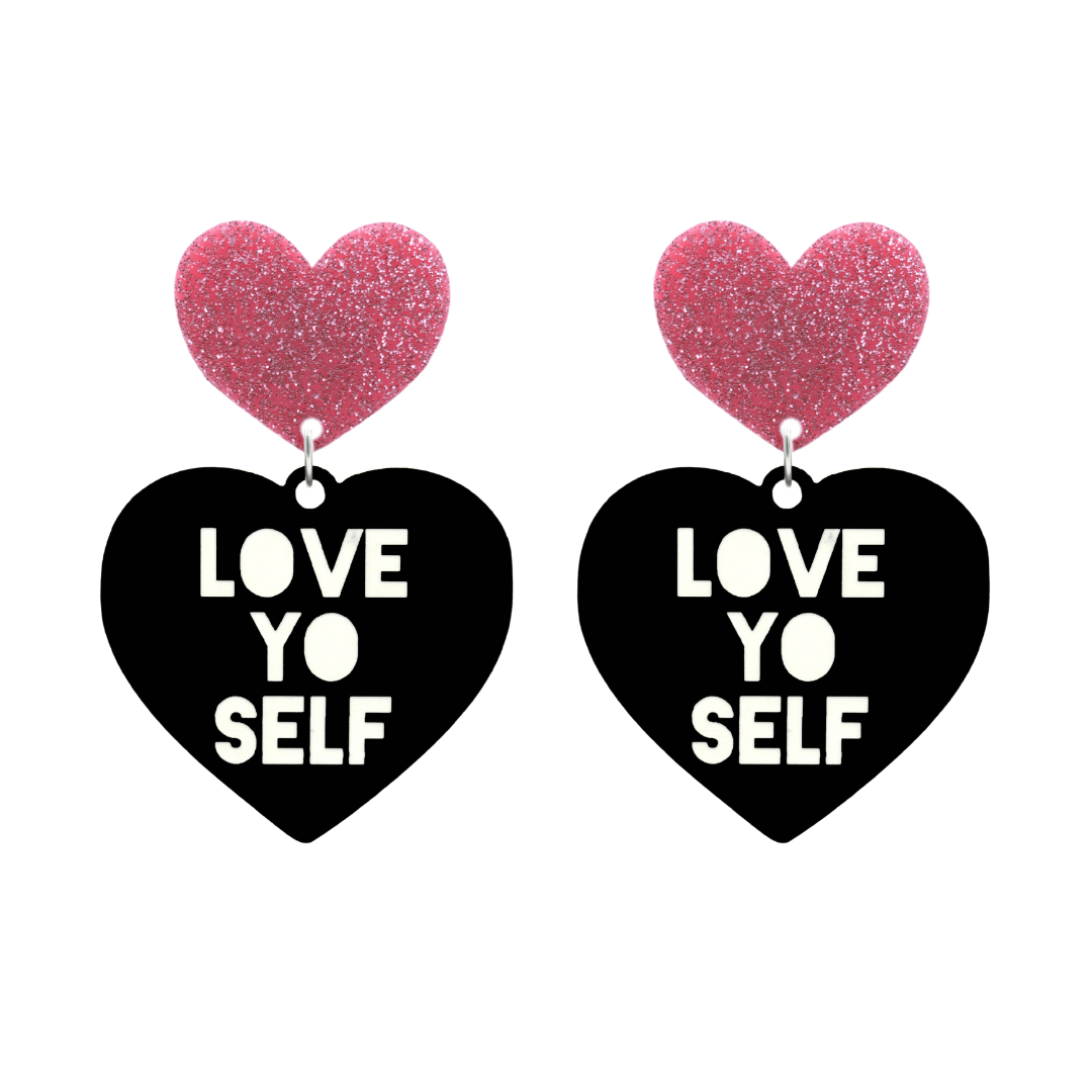 haus of dizzy black Heart-shaped earrings with 'LOVE YO SELF' text in white and pink glittery hearts tops size large