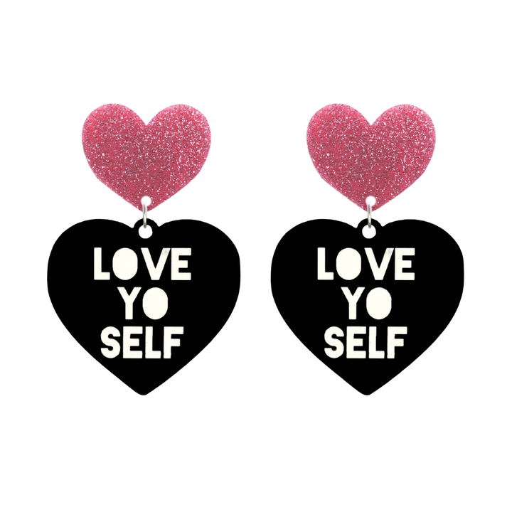 haus of dizzy black Heart-shaped earrings with 'LOVE YO SELF' text in white and pink glittery hearts tops size large
