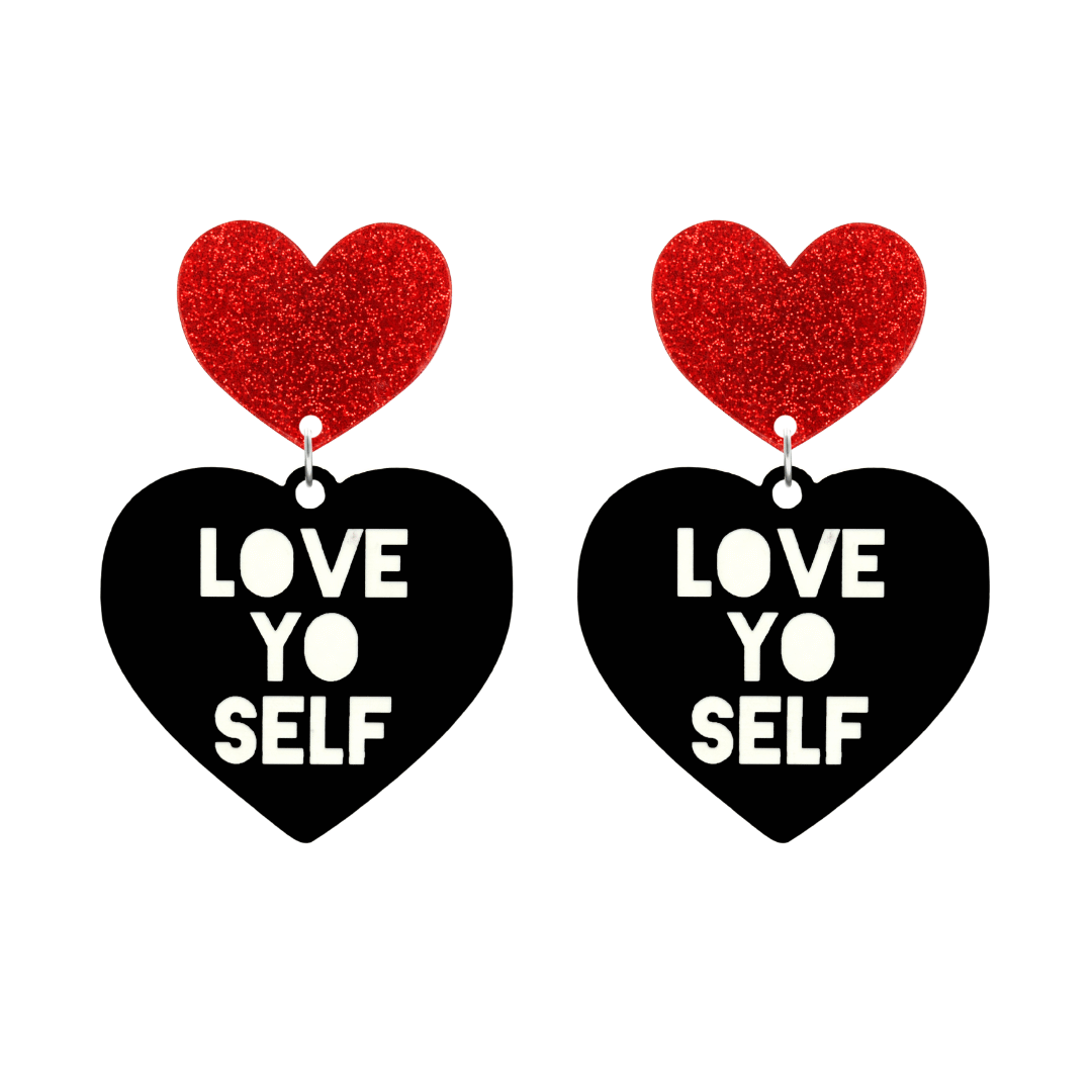 haus of dizzy black Heart-shaped earrings with 'LOVE YO SELF' text in white and red glittery hearts tops size large