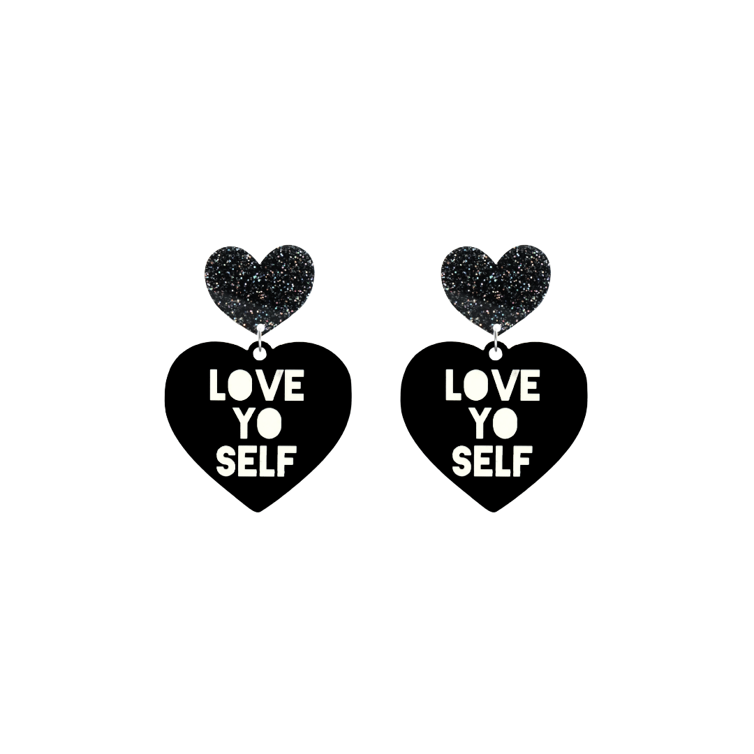 haus of dizzy black Heart-shaped earrings with 'LOVE YO SELF' text in white and black glittery hearts tops size small