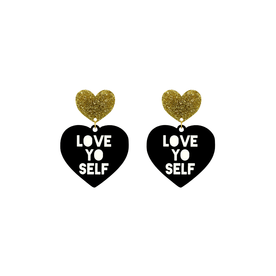 haus of dizzy black Heart-shaped earrings with 'LOVE YO SELF' text in white and gold glittery hearts tops size small