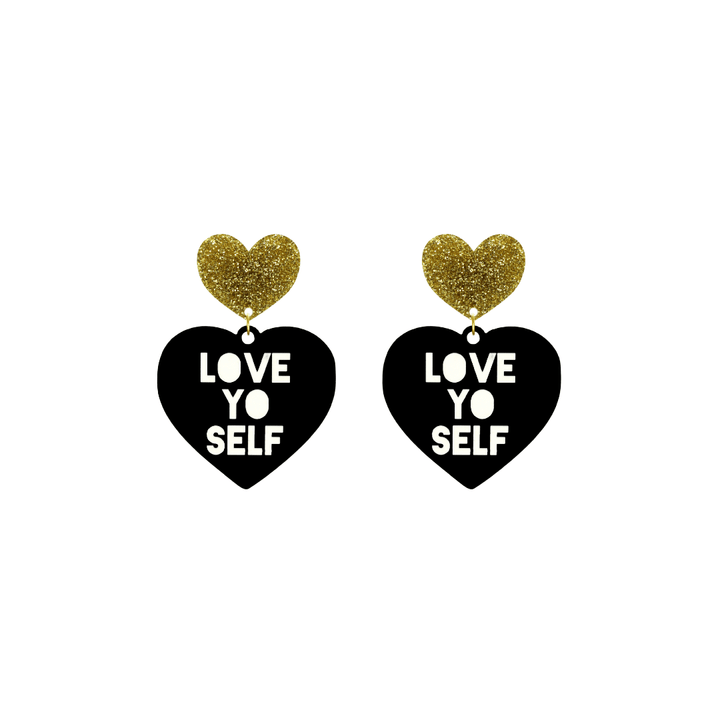 haus of dizzy black Heart-shaped earrings with 'LOVE YO SELF' text in white and gold glittery hearts tops size small