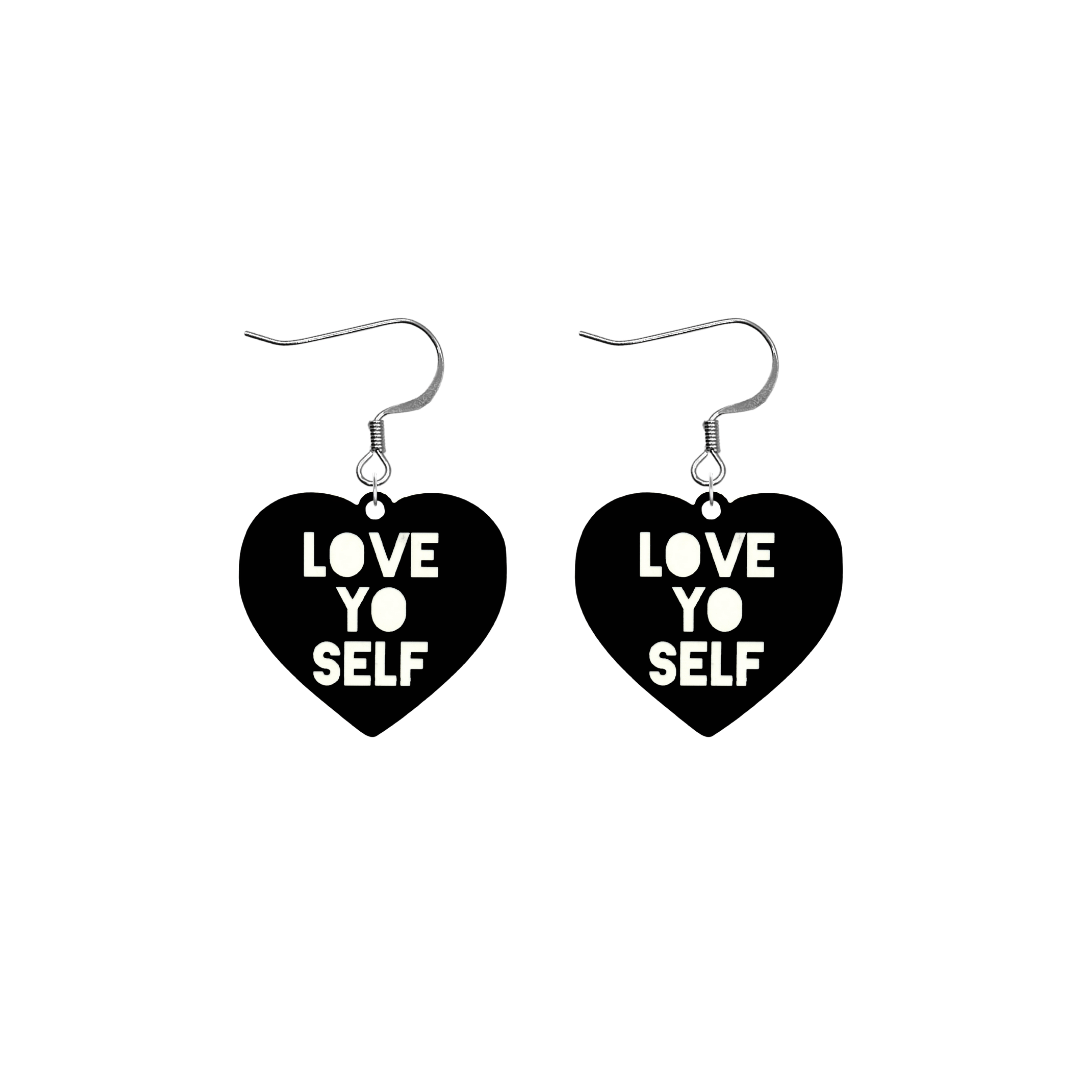 haus of dizzy black Heart-shaped earrings with 'LOVE YO SELF' text in white with silver hooks no heart tops size small