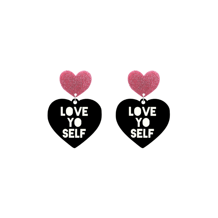 haus of dizzy black Heart-shaped earrings with 'LOVE YO SELF' text in white and pink glittery hearts tops size small