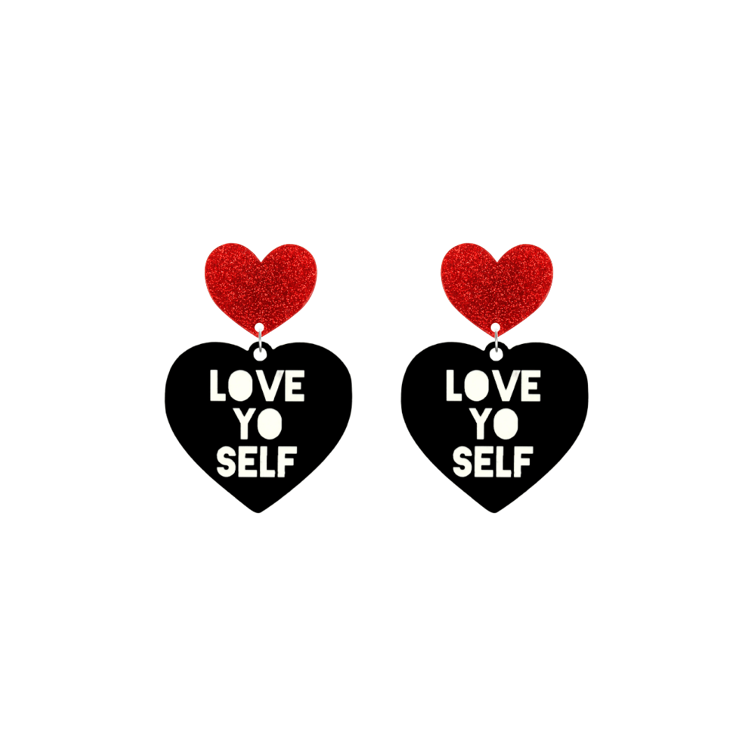 haus of dizzy black Heart-shaped earrings with 'LOVE YO SELF' text in white and red glittery hearts tops size small
