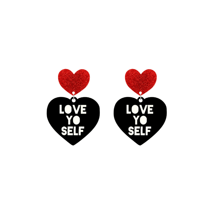 haus of dizzy black Heart-shaped earrings with 'LOVE YO SELF' text in white and red glittery hearts tops size small