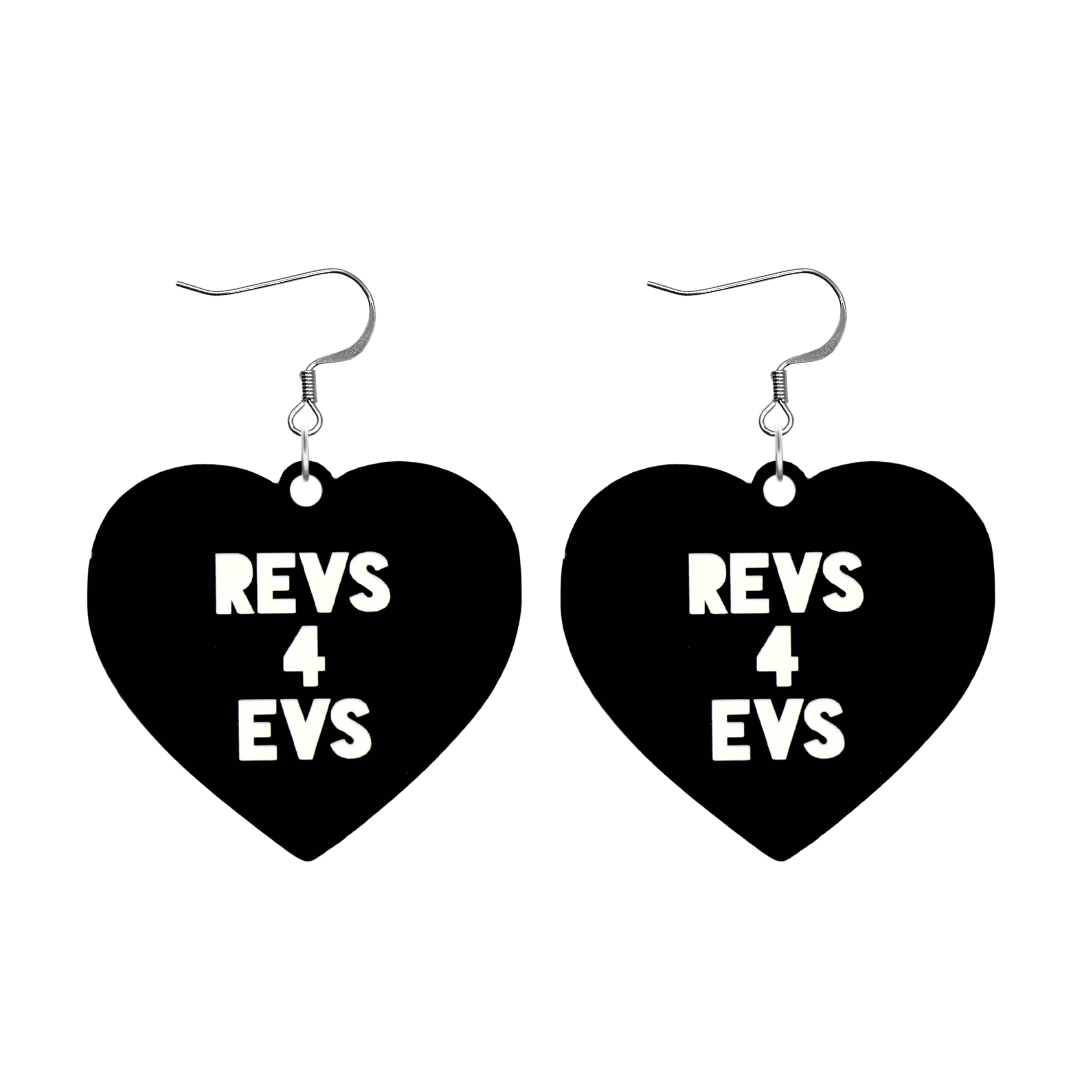 haus of dizzy custom black heart-shaped earrings this example has 'REVS 4 EVS' text in white over 3 lines with silver hooks no heart tops size large