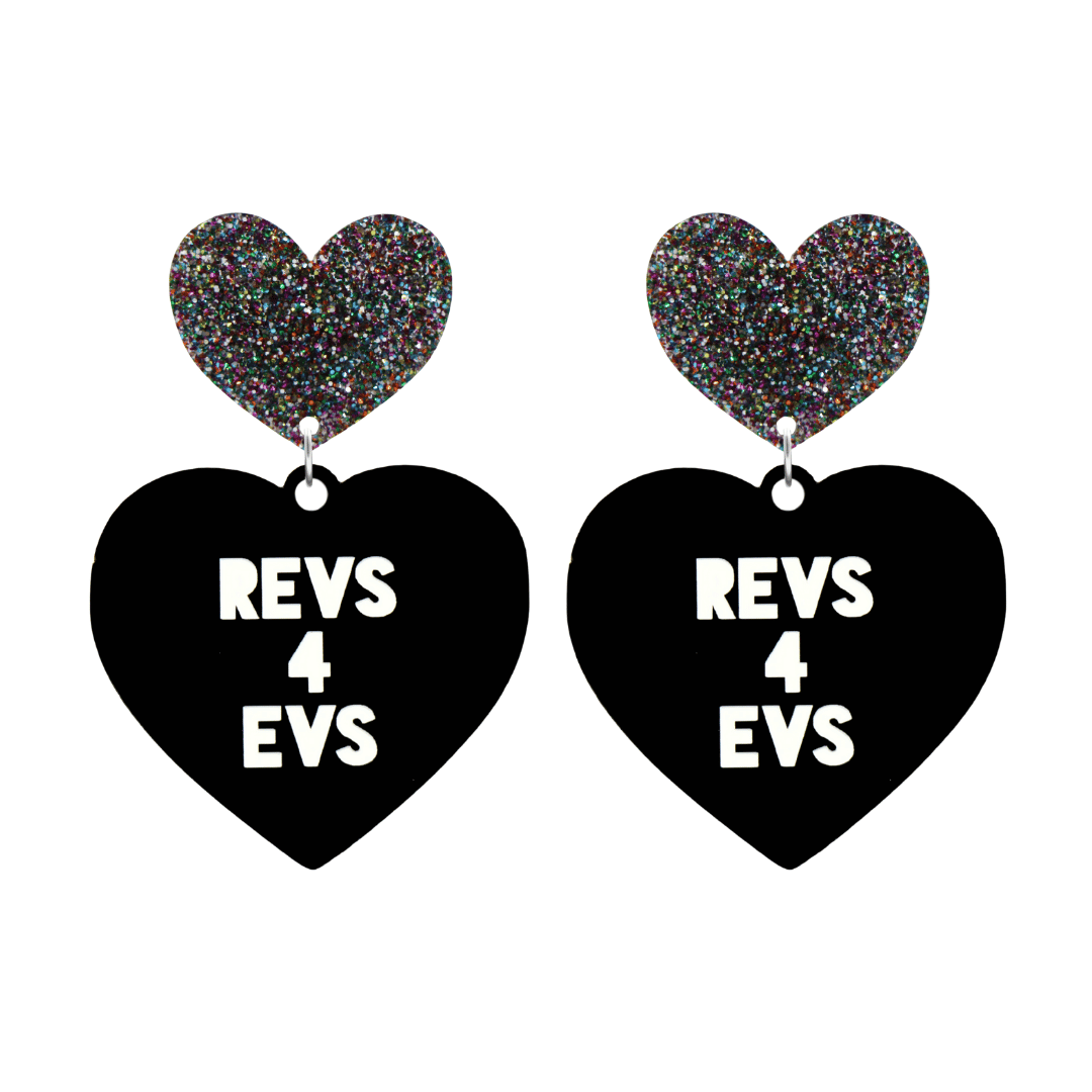 haus of dizzy custom black heart-shaped earrings this example has 'REVS 4 EVS' text in white over 3 lines with multi coloured glittery hearts tops in size large