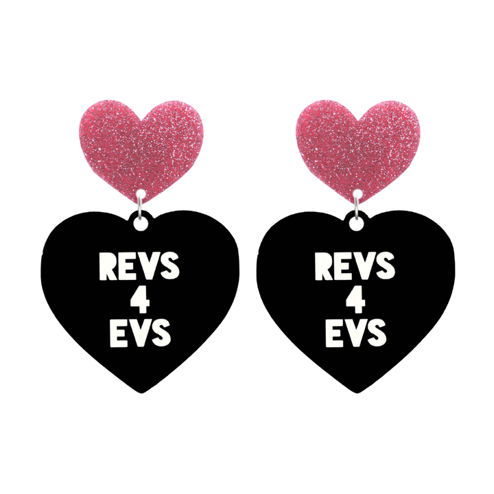 haus of dizzy custom black heart-shaped earrings this example has 'REVS 4 EVS' text in white over 3 lines with pink glittery hearts tops in size large