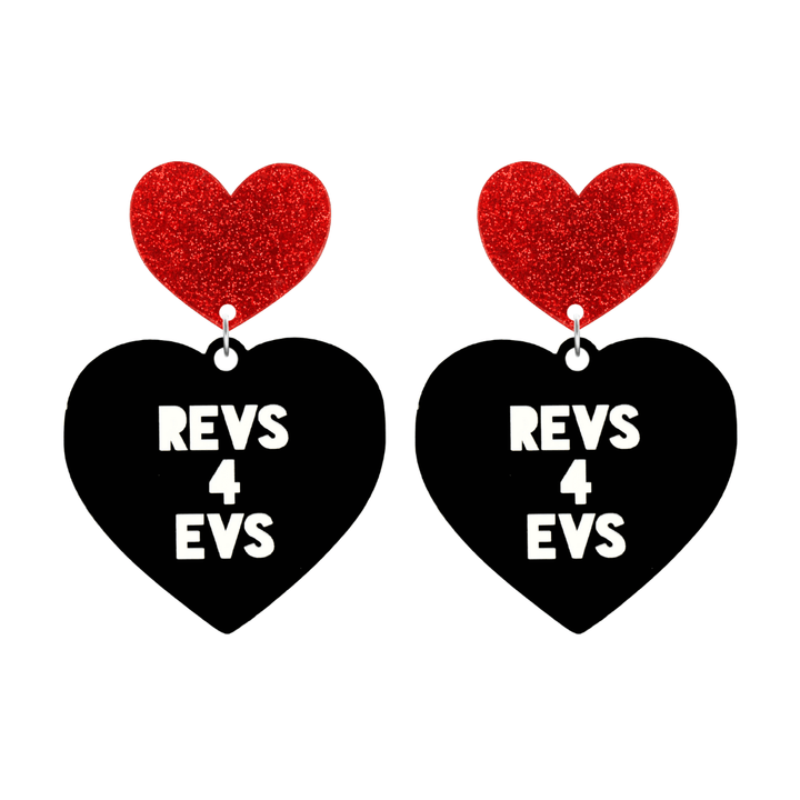 haus of dizzy custom black heart-shaped earrings this example has 'REVS 4 EVS' text in white over 3 lines with red glittery hearts tops in size large