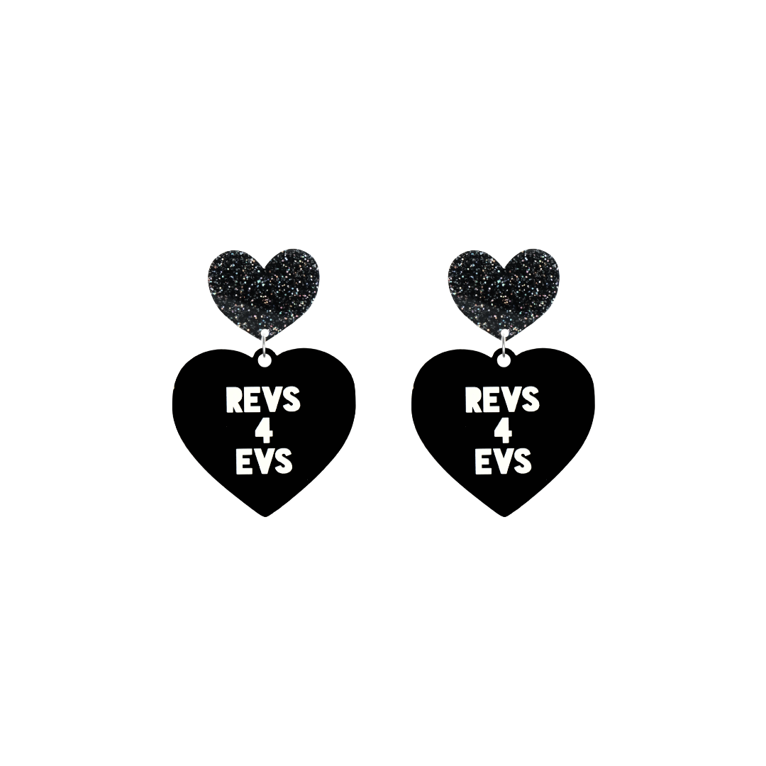 haus of dizzy custom black heart-shaped earrings this example has 'REVS 4 EVS' text in white over 3 lines with black glittery hearts tops in size small