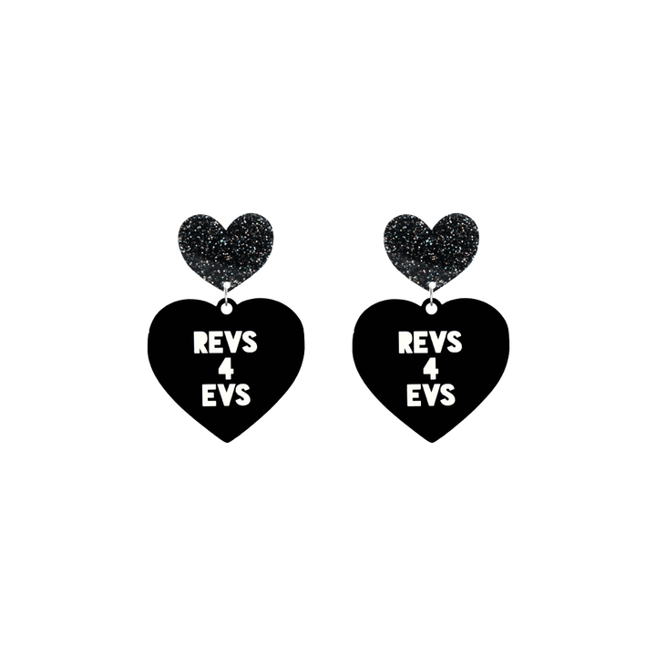 haus of dizzy custom black heart-shaped earrings this example has 'REVS 4 EVS' text in white over 3 lines with black glittery hearts tops in size small