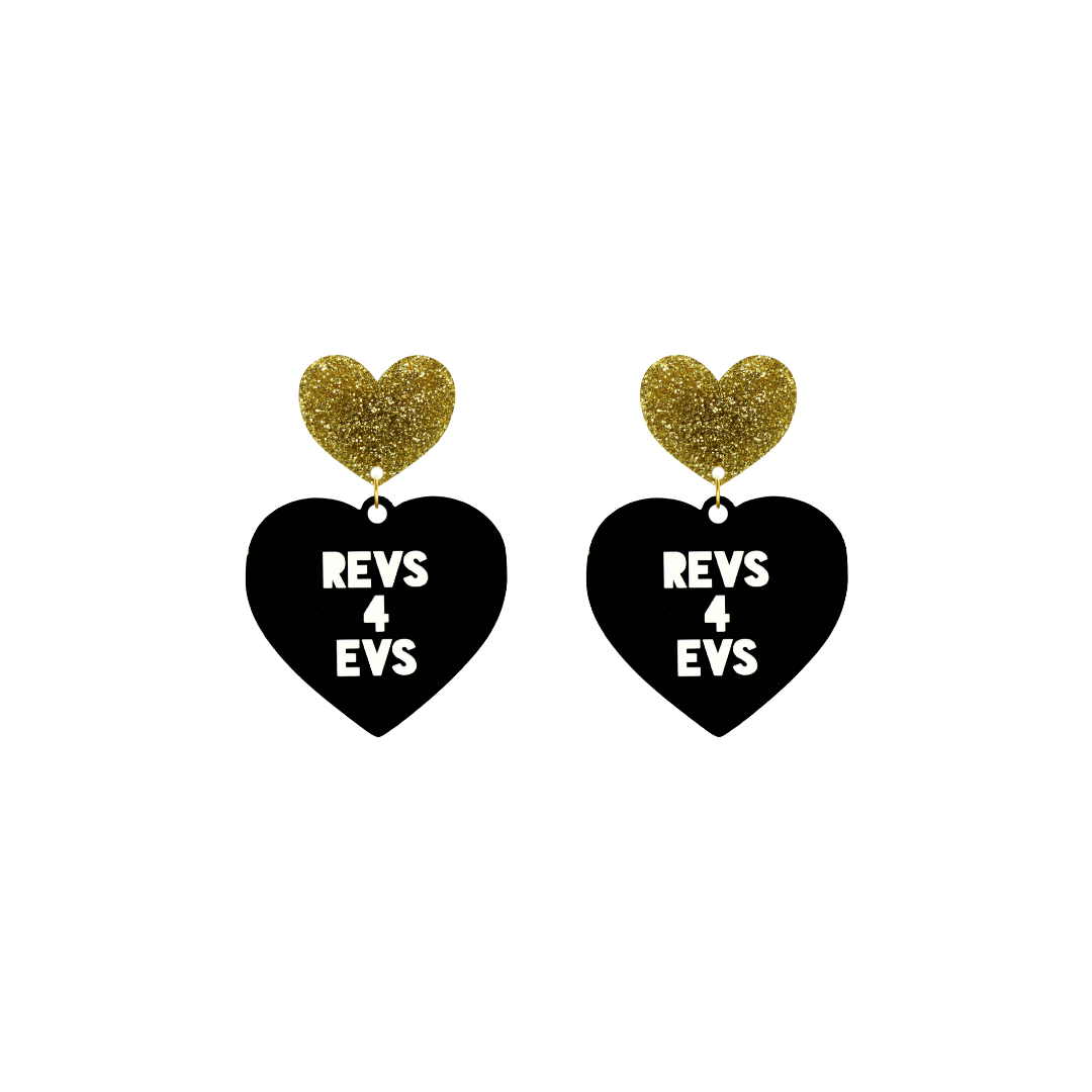 haus of dizzy custom black heart-shaped earrings this example has 'REVS 4 EVS' text in white over 3 lines with gold glittery hearts tops in size small
