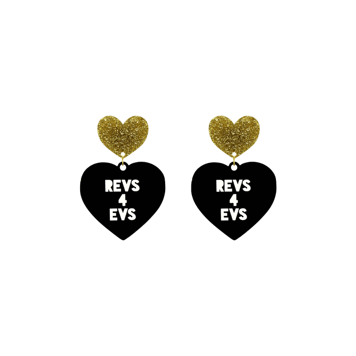 haus of dizzy custom black heart-shaped earrings this example has 'REVS 4 EVS' text in white over 3 lines with gold glittery hearts tops in size small