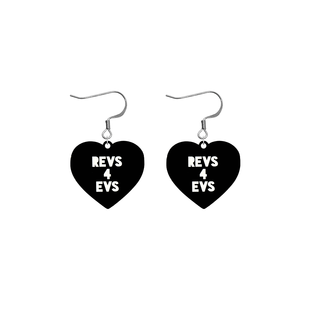 haus of dizzy custom black heart-shaped earrings this example has 'REVS 4 EVS' text in white over 3 lines with silver hooks no heart tops size small
