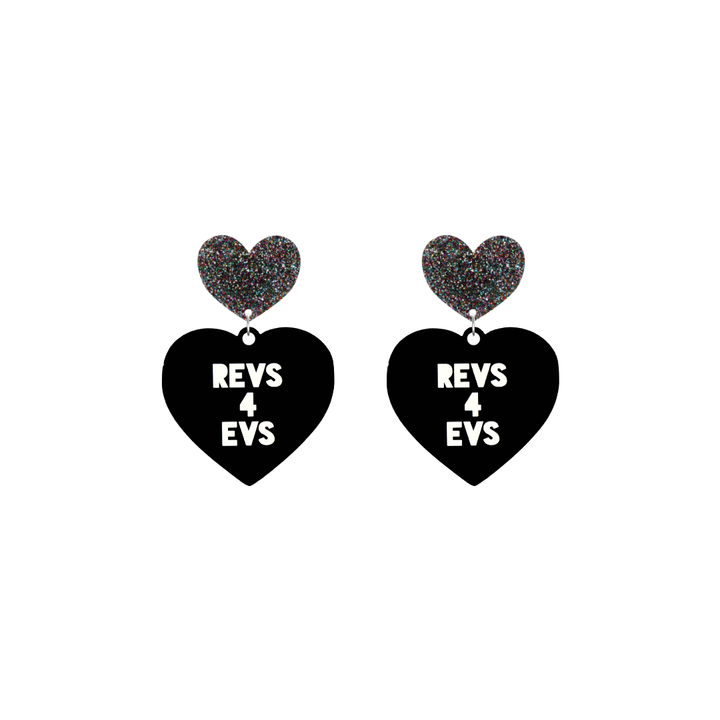 haus of dizzy custom black heart-shaped earrings this example has 'REVS 4 EVS' text in white over 3 lines with multi coloured glittery hearts tops in size small