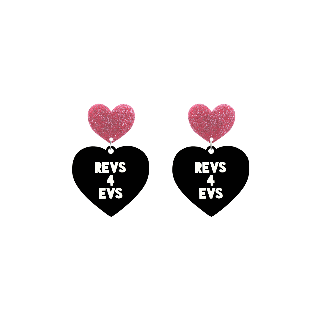 haus of dizzy custom black heart-shaped earrings this example has 'REVS 4 EVS' text in white over 3 lines with pink glittery hearts tops in size small